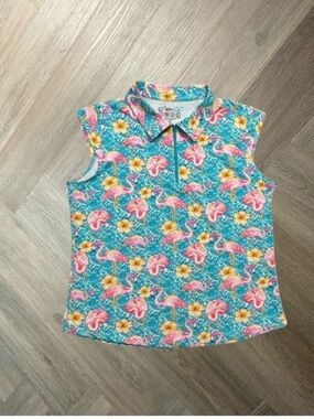 IBKUL Flamingo Penny Sleeveless Golf Polo Shirt Womens XL Turquoise UPF 50+ Boat